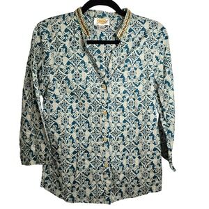 Talbots Women's Small Blue Floral Beaded‎ Collar Button Up Short Sleeve Blouse